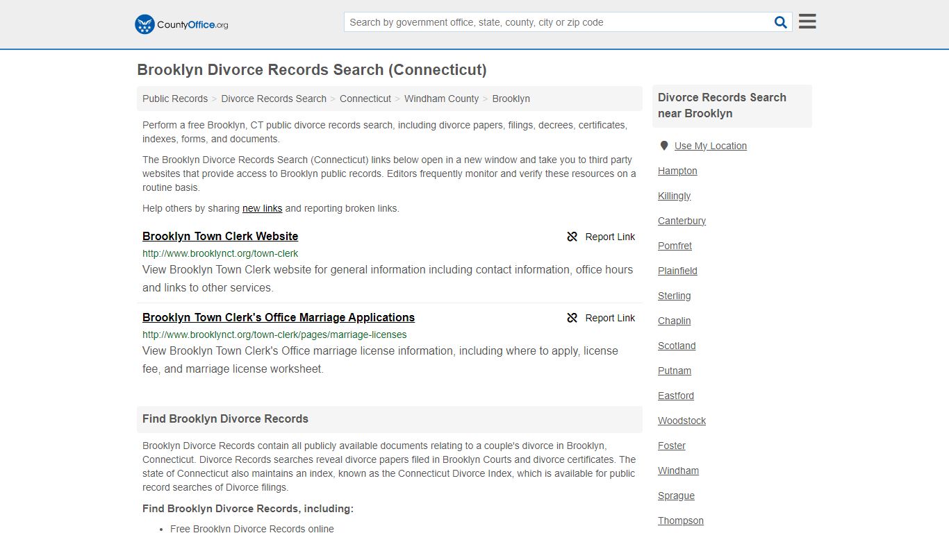 Brooklyn Divorce Records Search (Connecticut) - County Office